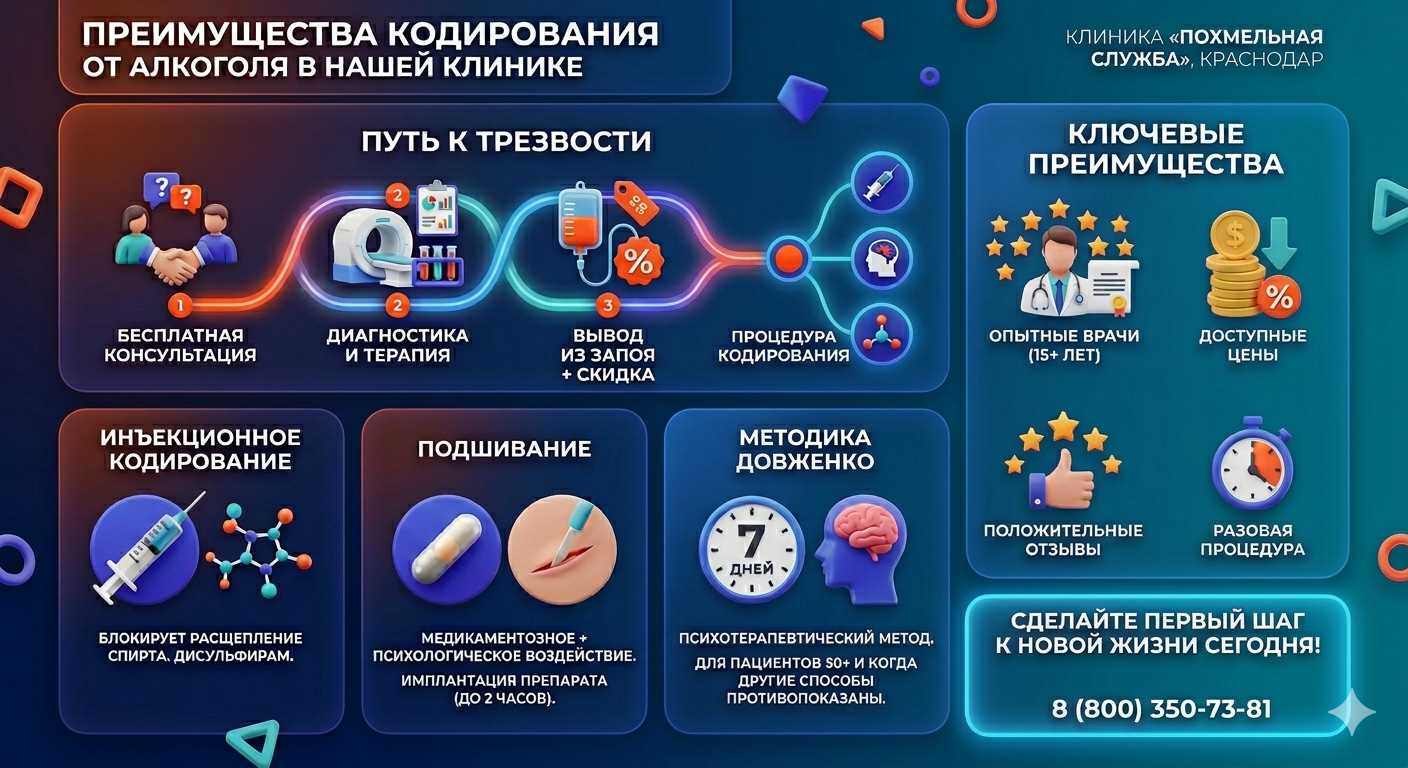 Инфографика о методах кодирования от алкоголя в Хабаровске: инъекции, подшивание, метод Довженко. Преимущества клиники и этапы лечения.