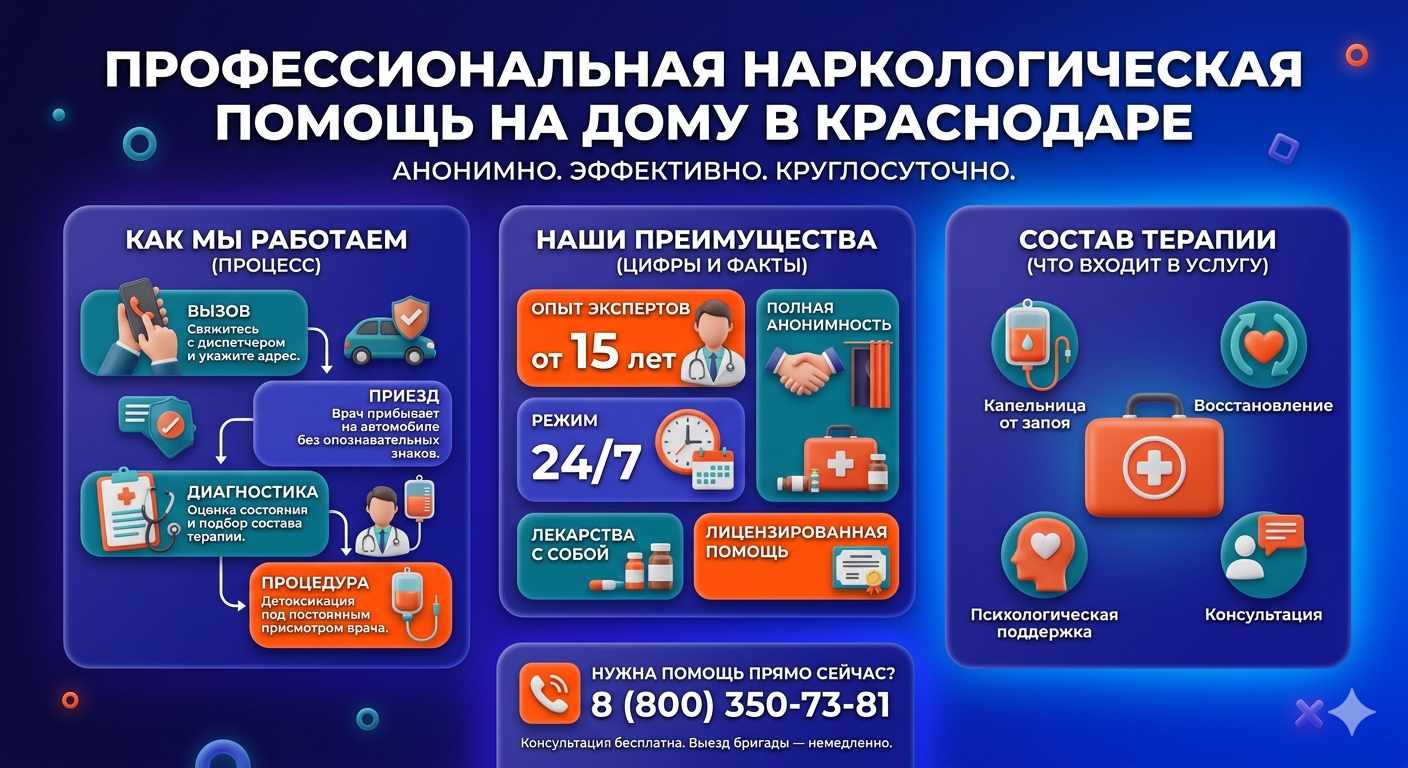 Инфографика о принципах лечения алкоголизма на дому в Хабаровске: этапы вызова нарколога, преимущества анонимной детоксикации и состав медицинской помощи.